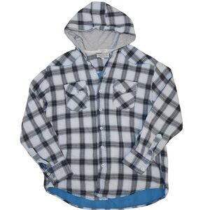 Cotton lightweight hooded flannel. Women's large. 100% cotton. Navy blue & grey